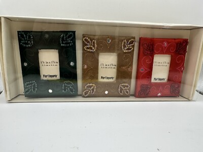 Pier 1 Mini Picture Frames Set of 3  Beaded Satin Green Gold Red 1.25x1.75  New
