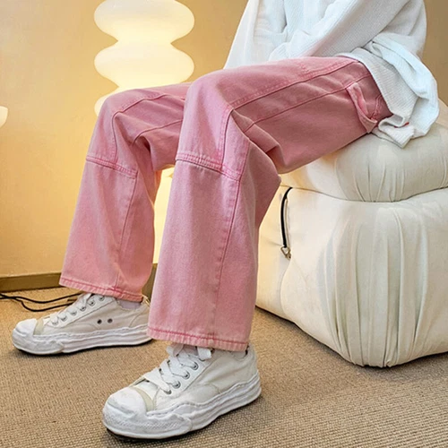 Rosa Denim Hose Herren Loose Straight Leg Jeans Hose Freizeit Hip Hop Baggy Weich - Bild 4 von 6