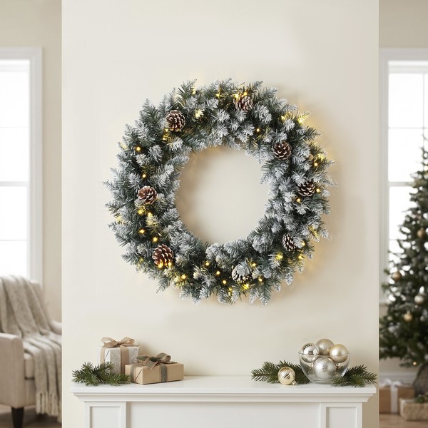 Homcom Weihnachtskranz 60 Cm Beleuchtet TüRkranz Mit 50 Leds Zapfen Kunstschnee-image