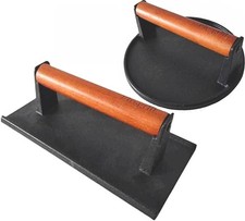 Cast Iron Grill Presses with Wood Handle Round Rectangle w Flat Bottom