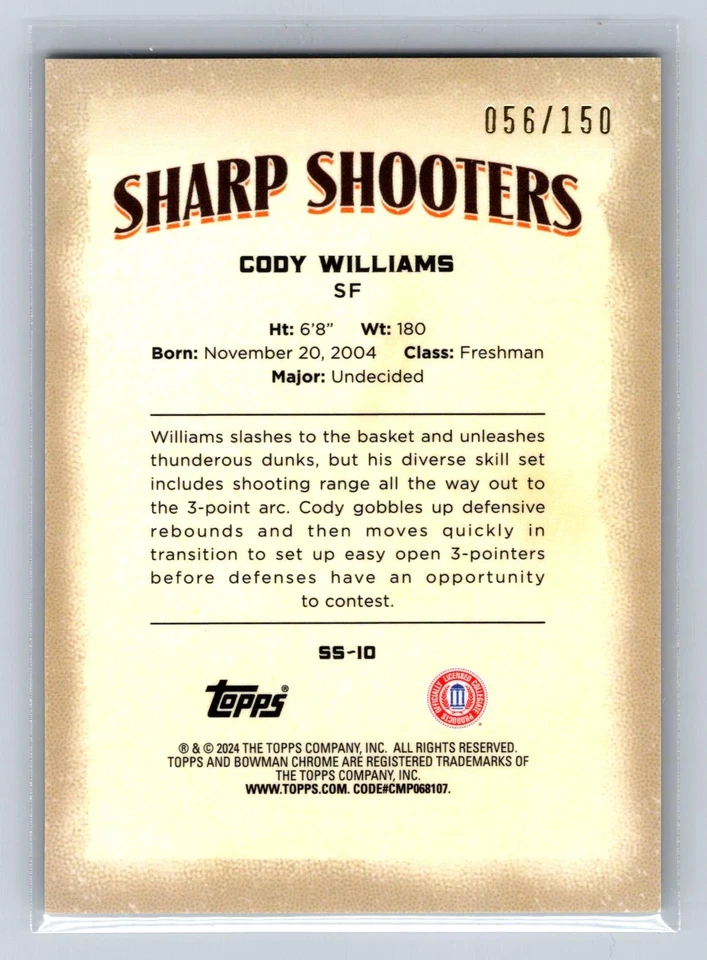 Cody Williams 2023-24 Bowman University Chrome Sharp Shooters RayWave SN #/150 - Image 2 of 2