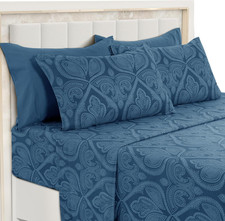 Paisley Queen Sheet Set 6 Piece Ultra Soft Microfiber Bed Sheet Navy Blue