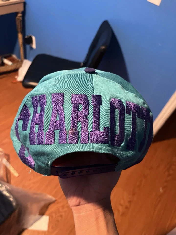 Vintage Charlotte Hornets Snapback Hat Teal & Purple Cartoon Hugo Graphic 90s - Image 2 of 4