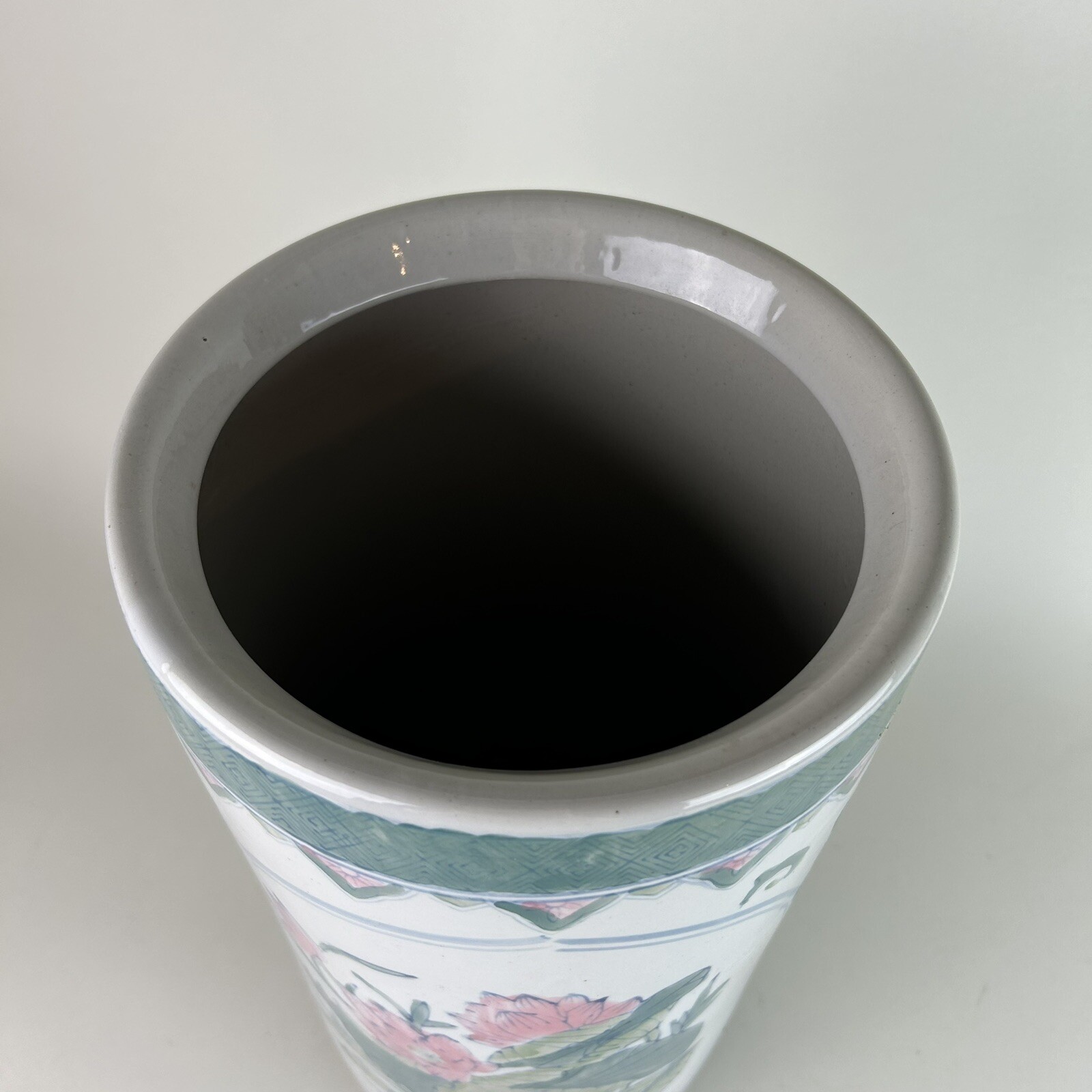 Vintage Ceramic Umbrella Stand 18” Asian Design Floral Birds Flowers