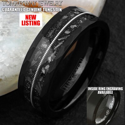 Custom Engraved Black Tungsten Carbide w/ Faux Meteorite Guitar String Band Ring