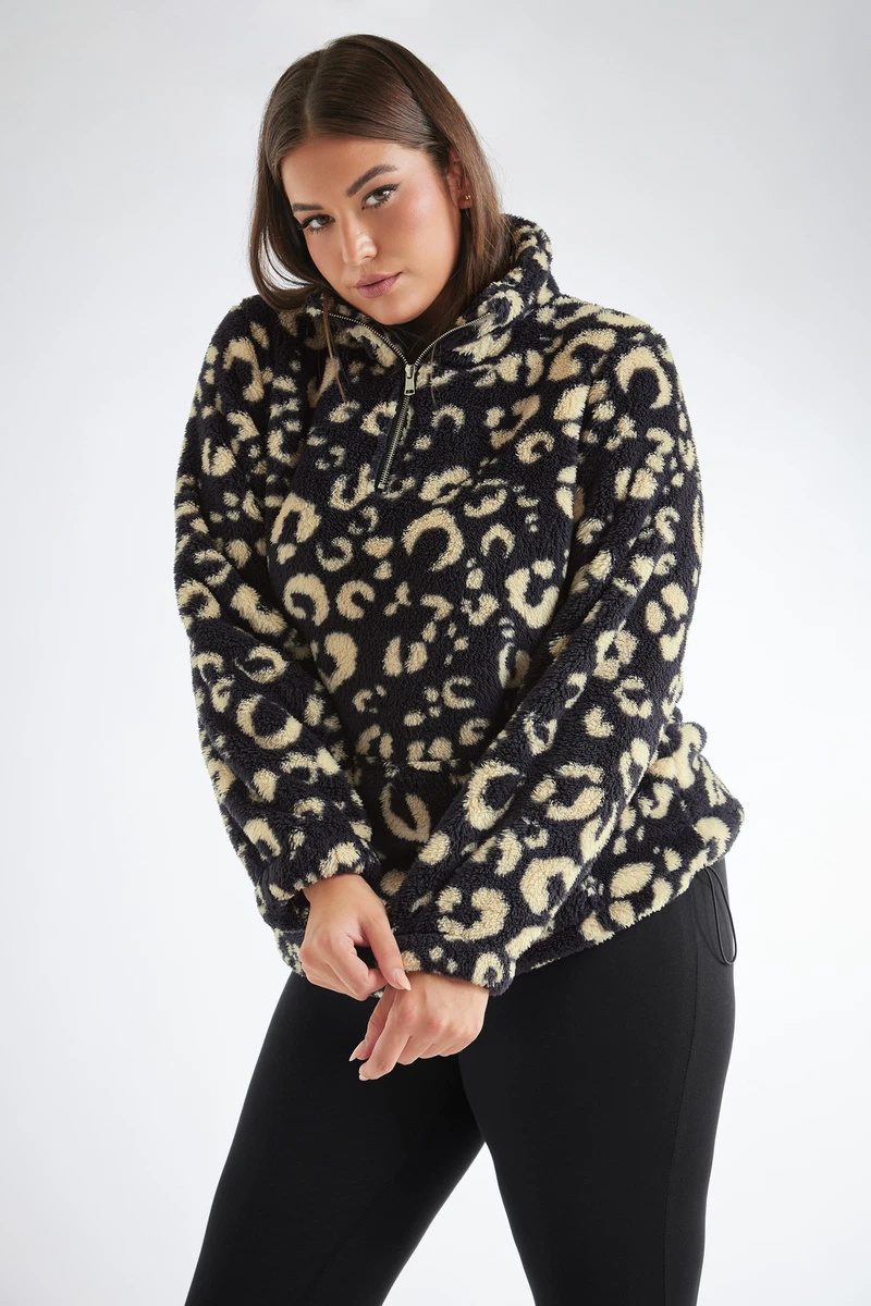 Yours Curve Women's Plus Size Leopard Print Half Zip Fleece Sweatshirt