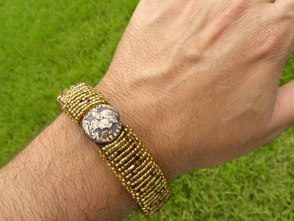 Cuff bracelet authentic Ancient Roman coin genuine Bison leather glass bead - Image 2 of 4