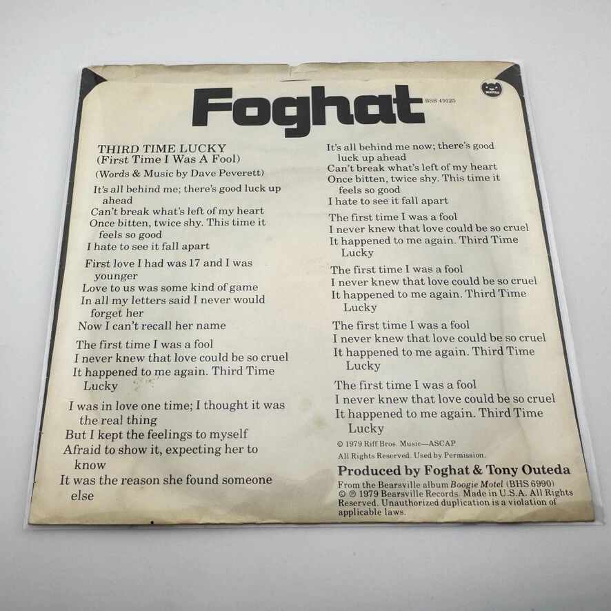 Foghat - Third Time Lucky 1979 45 RPM Record w/Picture Sleeve - Image 2 of 4