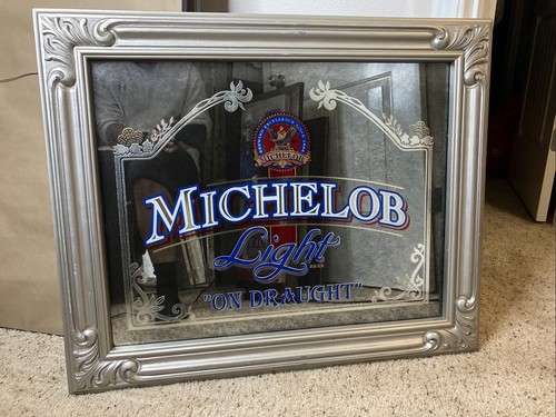 Michelob Light On Draught Bar Mirror Silver Frame Mancave Sign 34”x28” - Picture 4 of 6