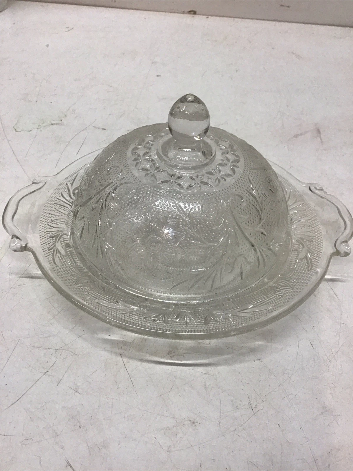 Vintage 1939-64 Anchor Hocking Glass Clear Sandwich Covered Butter Dish 7.5”x 4”