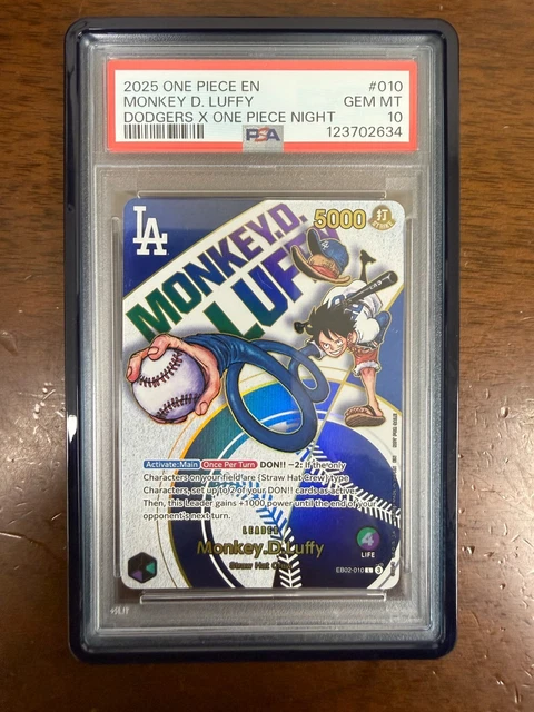 One Piece Monkey D. Luffy Promo 010 Dodgers X One Piece Night PSA 10 Gem Mint