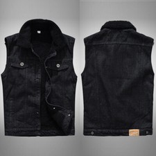 Men Denim Vest Fleece Lined Waistcoat Gilet Sherpa Sleeveless Button Coat Black