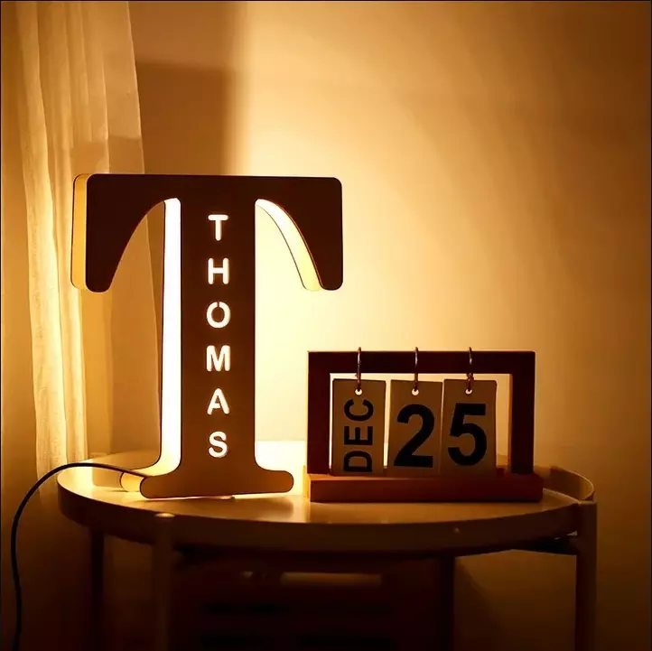 Personalized Decor Custom LED Letter Lamp Wooden Engraved Name Wall Night Light