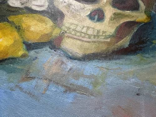 Vtg Original Mid Century Painting on Board - Still Life with Human Skull Signed - Picture 4 of 11