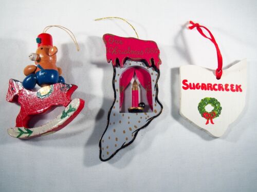 Three painted hanging wood ornaments teddy bear on horse Xmas stocking Ohio map - Picture 1 of 3