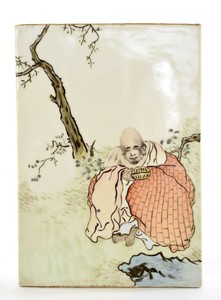 1930's Chinese Famille Rose Porcelain Buddha Monk Damo Louhan Figure Plaque