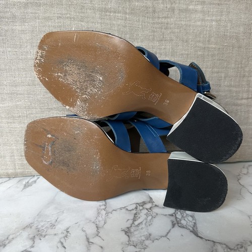 Marni Blue Leather White Patent Leather Sling Back Chunky Heel Sandals Size 36 - Picture 21 of 23