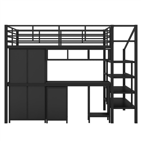 Full Size Metal Loft Bed w/Desk Set ,Wardrobe & Storage Shelves for Teen Adults - Picture 13 of 18