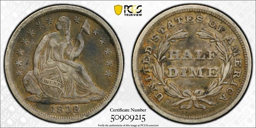 1838 Liberty Seated Half Dime H10C PCGS Gold Shield VF35 No Drapery, Small Stars
