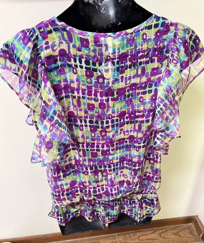 NWT FASHION BUG Sheer Blouse Purple Green Flutter Slv Peplum Elastic Waist Sz S - Picture 7 of 15