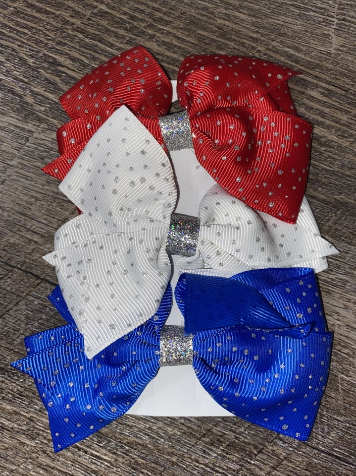 Claire’s Red, White, & Blue Glitter Bow Hair Clips - 3 Pack Mini Cheer Birthday - Image 4 of 4