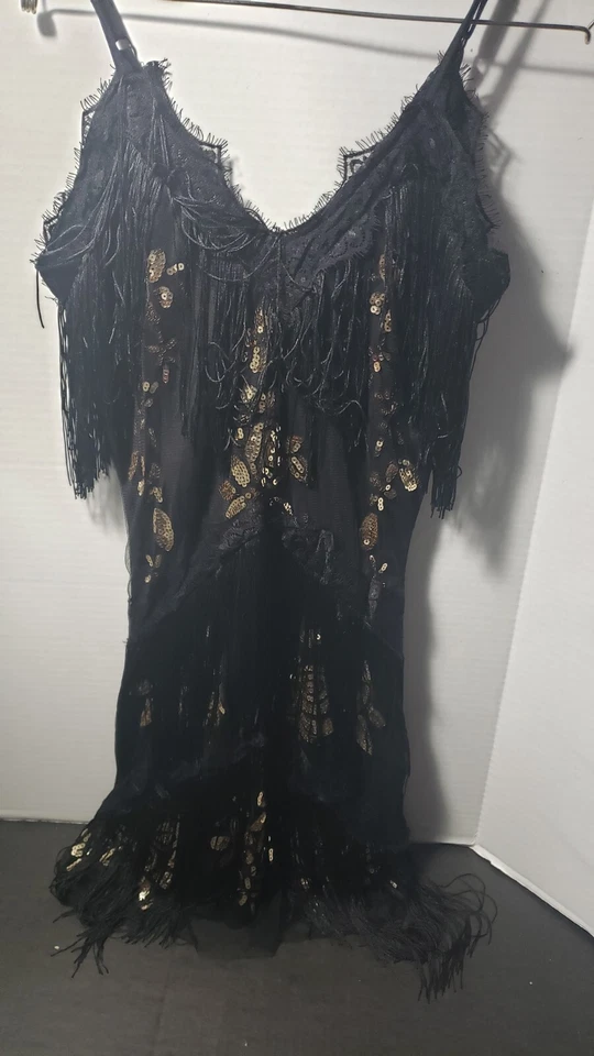 Vestido para mujer L LG negro dorado lentejuelas flecos aleta JOYAS y accesorios años 20 Foto 2 de 4