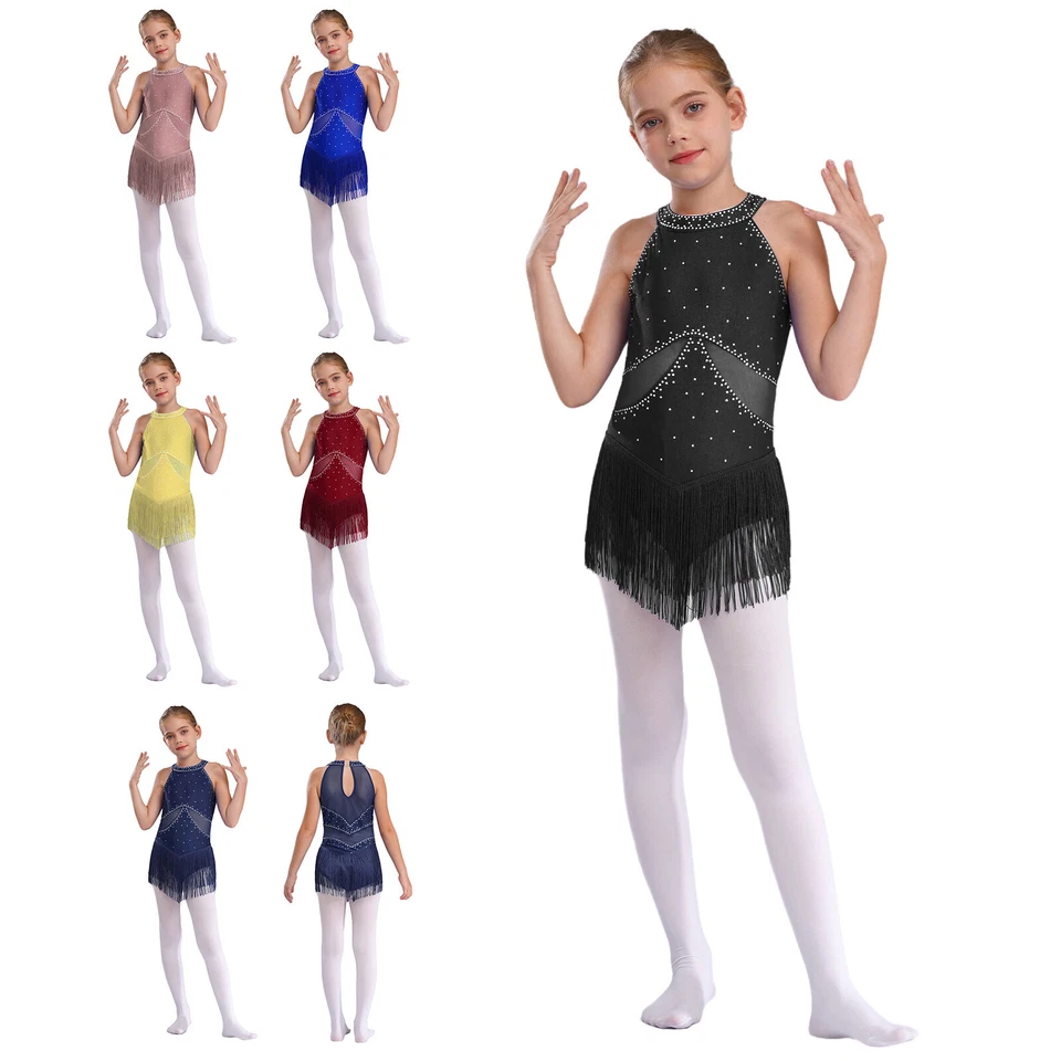 Kids Girls Leotards Fringed Bodysuit Gymnastics Jumpsuit Back Costume Shiny - Image 3 of 4