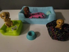 Barbie Doll 3 Pet Dog Lot With Accessories 2 Beds 1 Sofa Pillows Food Bowl Bone