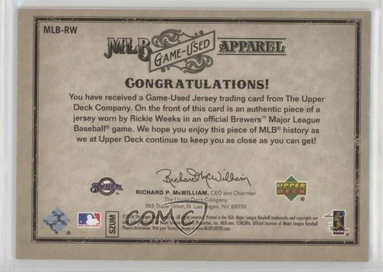 2006 Upper Deck Artifacts MLB Apparel Gold /150 Rickie Weeks #MLB-RW - Image 2 of 2
