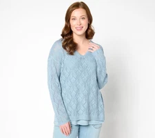 Peace Love World Women's Top Sweater Sz L Boheme Open-Stitch Blue A647808