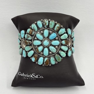 925 Sterling Silver Native Navajo/Zuni Cluster Turquoise Cuff Bracelet 6” 38.09g