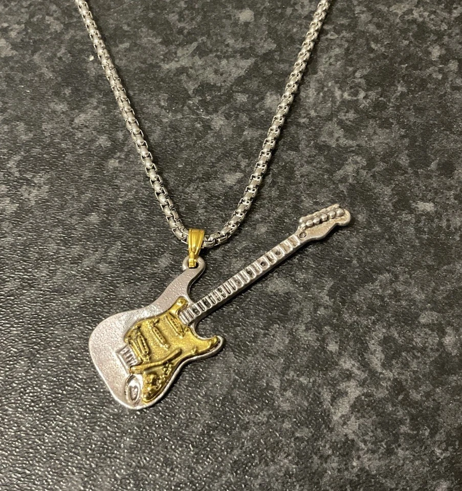 Rock Legend Guitar Necklace Pendant Stainless Steel Silver/gold chain 60cm, Gift - Image 2 of 4