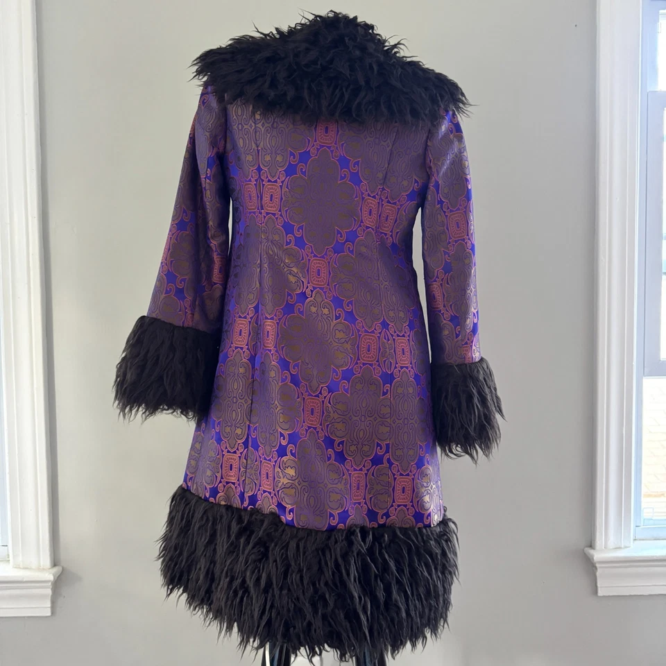 90s vtg VIVIENNE TAM Purple Gold IRIDESCENT Brocade Rave Penny Lane Fur Coat Y2K - Image 4 of 4