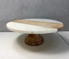 Marble & Wood Pedestal Cake Stand – Round 12.5” Serving Display Riser Farmhouse