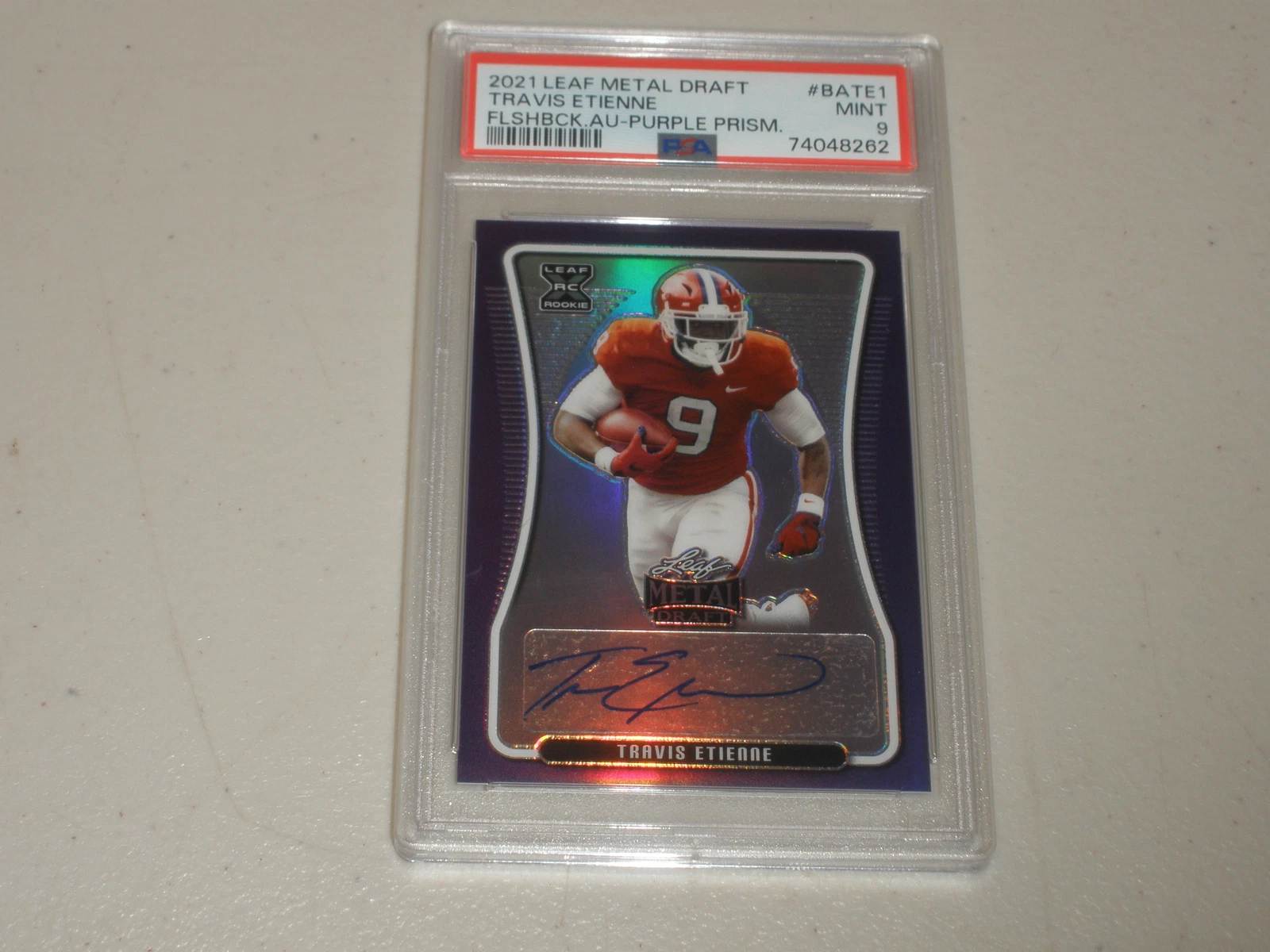 Travis Etienne Leaf Metal Draft Flashback Autographs #BATE1 Purple Prismatic