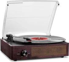 Bluetooth Vinyl Record Player 3-Speed Turntable w/ Speakers AUX RCA Out Brown