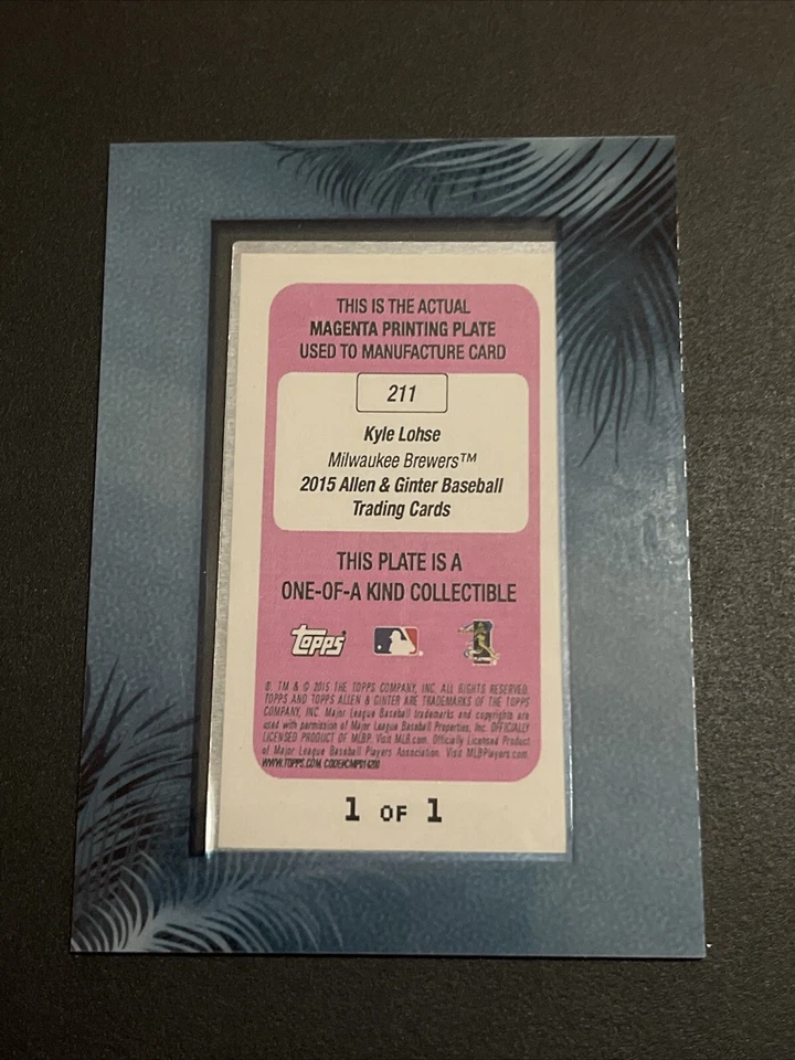 2015 Topps Allen & Ginter #211 Kyle Lohse Magenta Printing Plate 1/1 Brewers SSP - Image 3 of 3