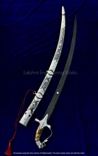 Espada caligráfica india con empuñadura cara de tigre, acero Damasco, espada india vintage. - Imagen 5 de 11