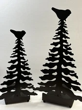 Large Black Metal  Pine Christmas Tree With Bird Pillar Candle Holder Set of 2