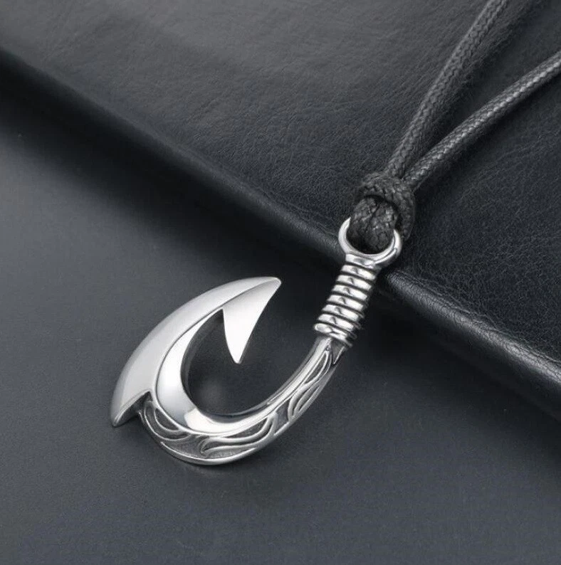 Mens silver fish shop hook necklace
