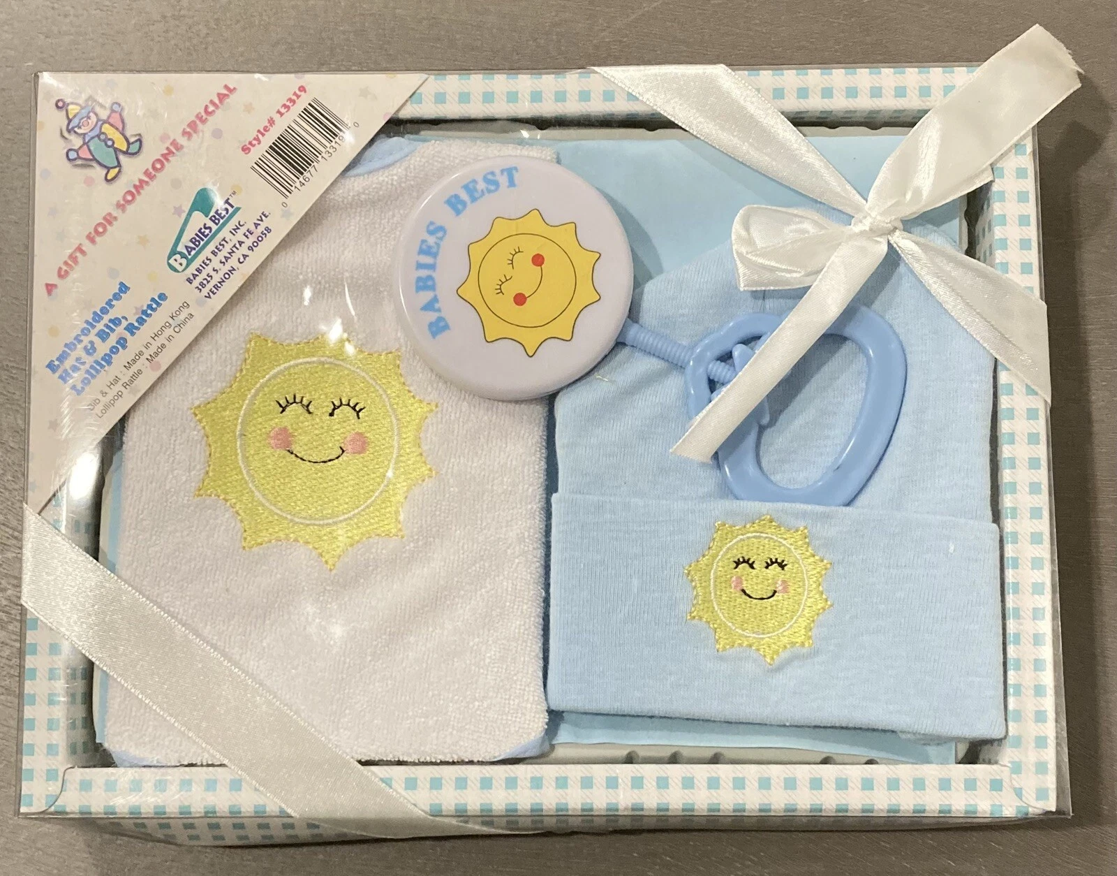 NIP Vintage Baby Shower Boxed Gift Set SUNSHINE Embroidered Hat Bib Rattle NOS