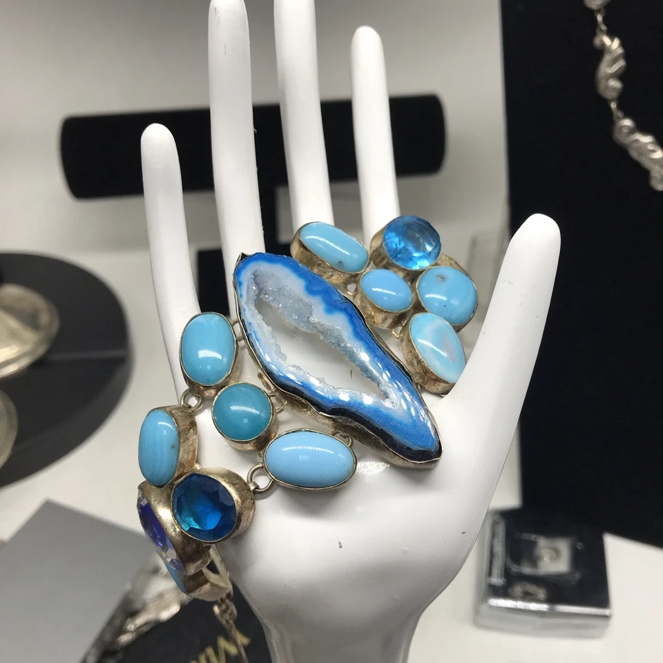 Blue Agate Bracelet & Oval Turquoise Cabochons and Blue Topaz Stones Bracelet - Image 1 of 4