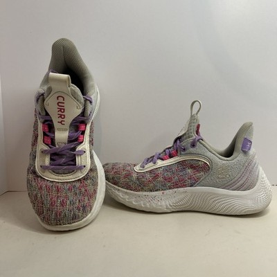 Under Armour Curry Flow 9 basketball shoes Grey Purple Pink Colorway Size 5Y