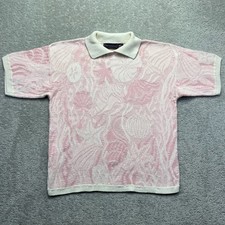 Crossings Polo Shirt Womens Medium Pink White Sea Shell Knit Coastal Made in USA