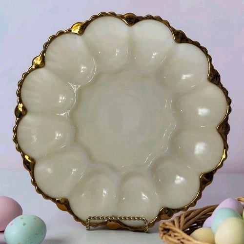Vtg Anchor Hocking Fire King Deviled Egg Plate Milk Glass Dish w/Gold Trim 10"W