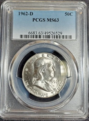 1962-D Benjamin Franklin Silver Half Dollar graded MS63 by PCGS.