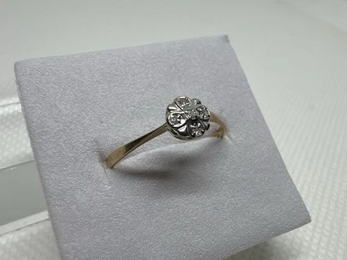 Antique 14K Diamond Cluster Platform European Ring Two Tone Gold, Size 6.75