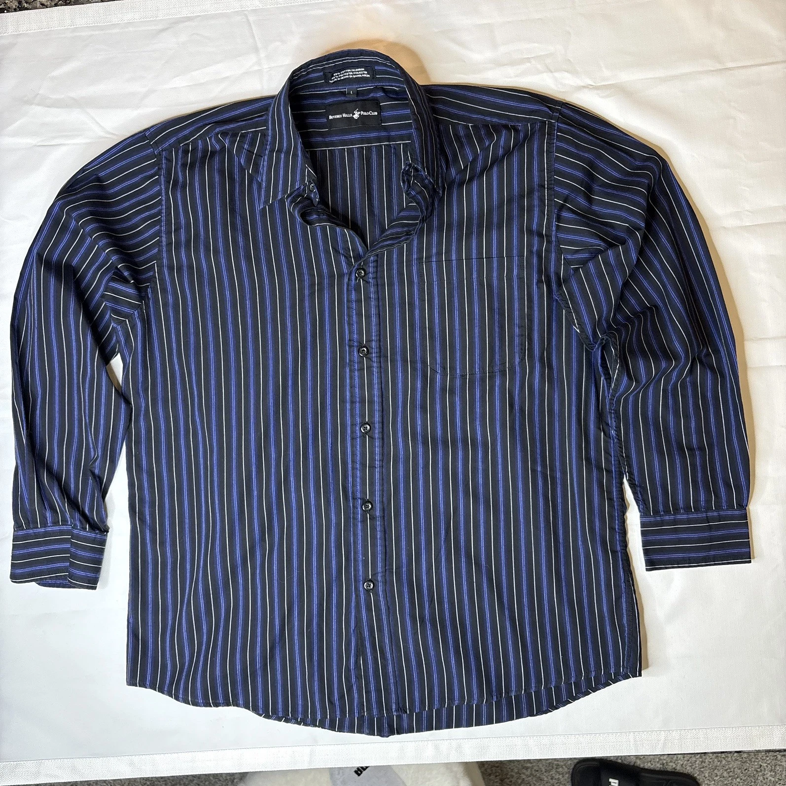 Beverly Hills Polo Club Mens Dress Shirt Size L Striped Black Long Sleeve
