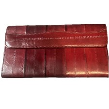 Eel Skin Vintage Wallet Deep Wine Red Burgundy, Tri-Fold Snap, 7x4 Inch