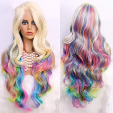 Blonde Rainbow Wavy Synthetic Hair Colorful Cosplay Heat Resistant Lace Curl Wig
